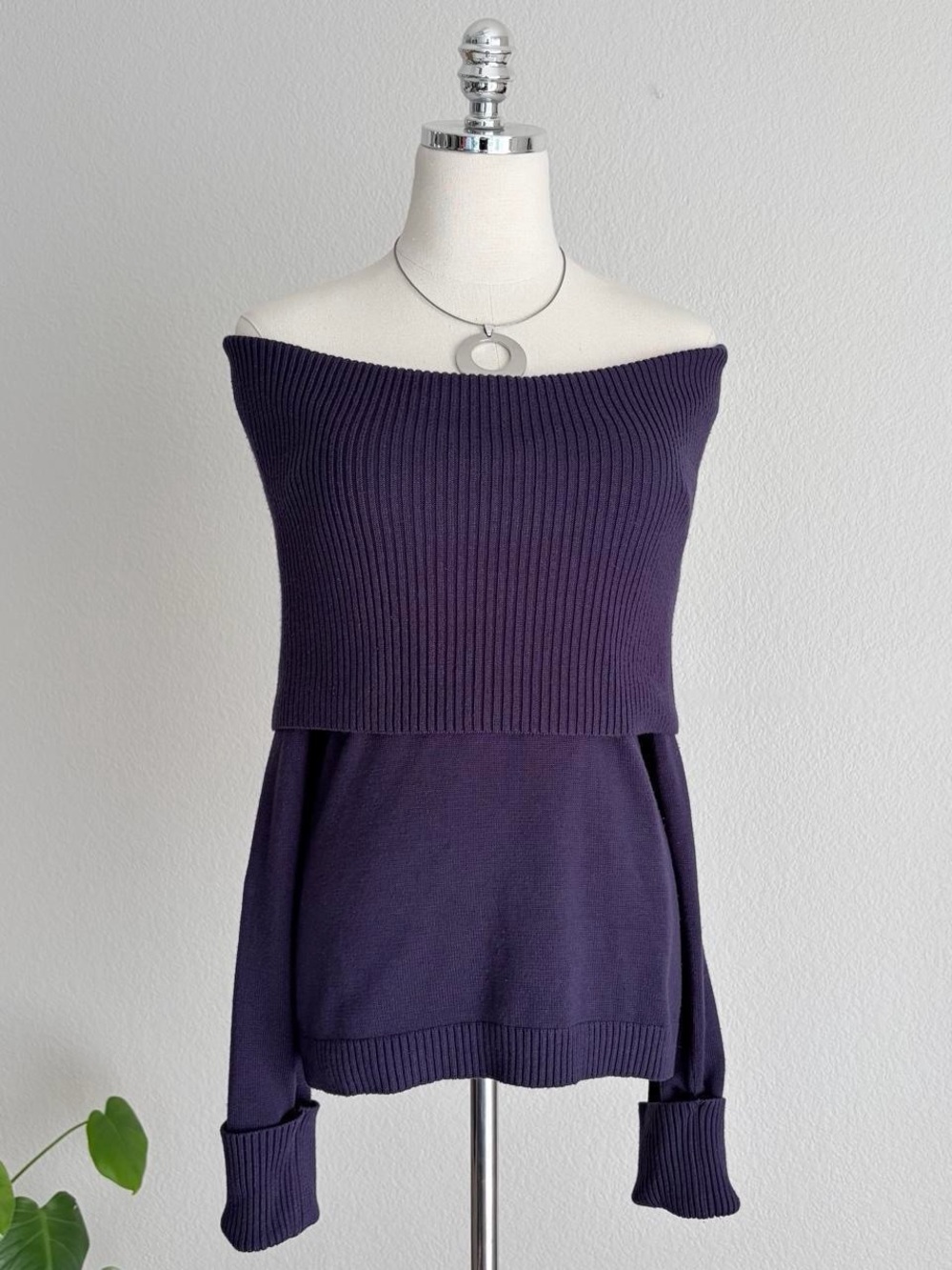 Off-Shoulder Ribbed Knit Sweater - Purple